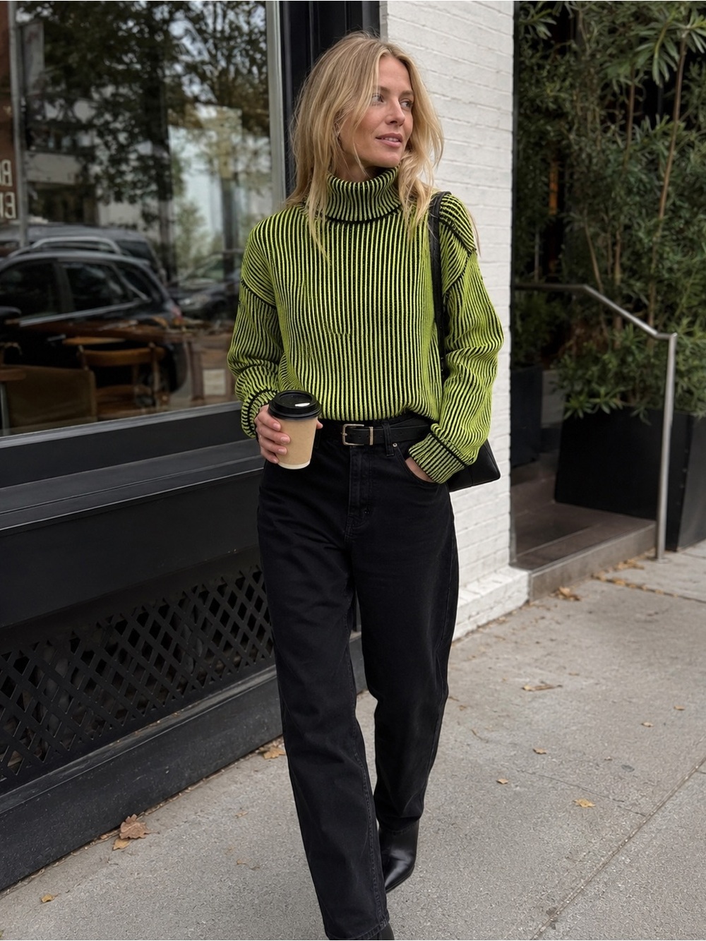 Cropped Ribbed Turtleneck Sweater in Neon Green